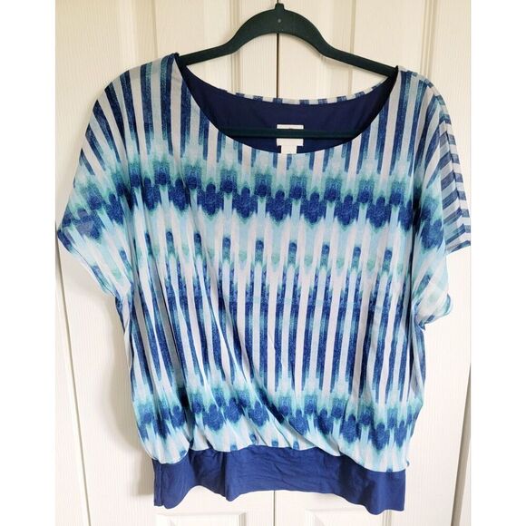 Chico's 2 Blues Vivid Stripe Watercolor Lined Blouse Top SS Boat‎ Neck Large - Picture 8 of 8